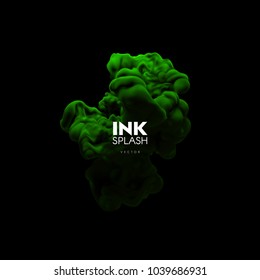 Green ink splash. Realistic vector illustration. Underwater swirling paint cloud isolated on black background. Bright turbulent liquid. Fluid colors. Abstract artistic element for design