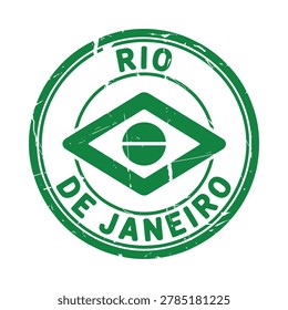 Green ink stamp featuring the text 'Rio de Janeiro' and a stylized eye symbol, isolated on a white background.