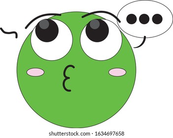 Green innocent emoji. Guilty emoticon, acting as if innocent, with eyes pointing upward, whistling and three dots over its head as if hiding guilt over doing something naughty. 