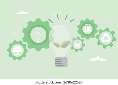 Green Innovation and Clean Energy environmental awareness concept. Plant growing inside a lightbulb with gears, symbolizing sustainable technology and eco-friendly. Vector illustration.