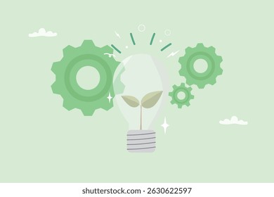 Green Innovation and Clean Energy environmental awareness concept. Plant growing inside a lightbulb with gears, symbolizing sustainable technology and eco-friendly. Vector illustration.