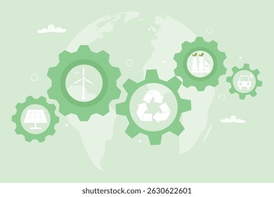 Green Innovation and Clean Energy environmental awareness concept. Gear with eco icon, symbolizing sustainable technology and eco-friendly. Vector illustration.