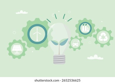 Inovação ecológica e energia limpa. Planta crescendo dentro de uma lâmpada com engrenagens, simbolizando tecnologia sustentável e eco-friendly. Ilustração vetorial.