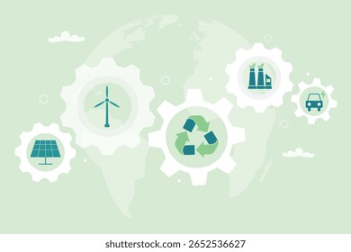 Inovação ecológica e energia limpa. Engrenar com ícone ecológico, simbolizando tecnologia sustentável e eco-friendly. Ilustração vetorial.