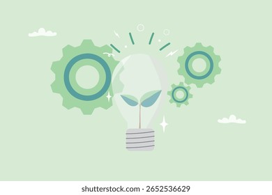 Inovação ecológica e energia limpa. Planta crescendo dentro de uma lâmpada com engrenagens, simbolizando tecnologia sustentável e eco-friendly. Ilustração vetorial.