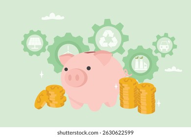 Green Innovation and Clean Energy Investment Concept. Piggybank with coins and gears, symbolizing sustainable technology and eco-friendly financial growth. Vector illustration.
