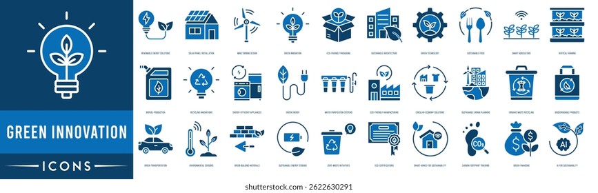 Green Innovation icon set. Renewable Energy Solutions, Solar Panel Installation, Wind Turbine Design, Green Innovation, Eco-Friendly Packaging and Sustainable Architecture