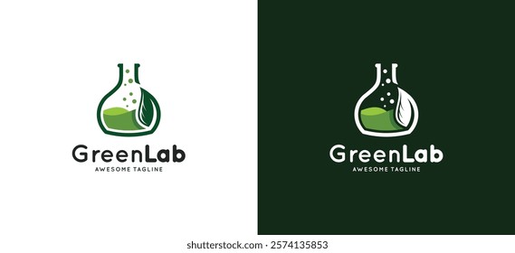 The green innovation lab science logo design displays a leaf icon with a glass bottle tube
