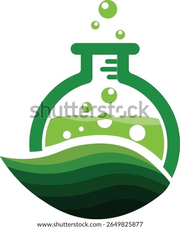 Green innovation lab science logo design featuring leaf icon with glass bottle tube