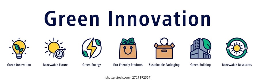 Green Innovation web banner icon vector illustration with icons of Green Innovation, Renewable Future, Green Energy, Eco-Friendly Products, Sustainable Packaging, Green Building, and Renewable Resources.