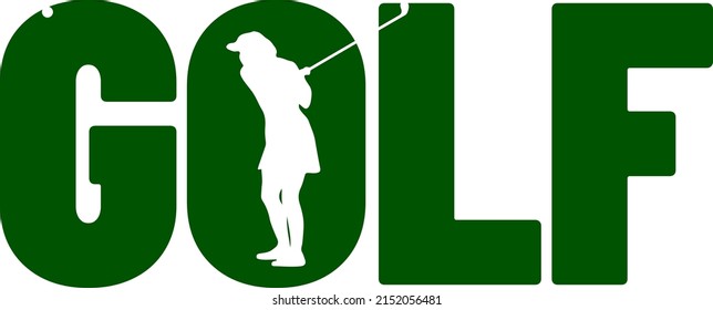 Green inscription GOLF with stylized player and ball on white background - vector illustration