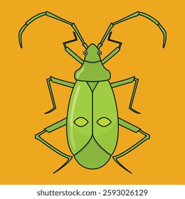 Green Insect Vector Illustration. Detailed depiction of a vibrant green insect with unique features and long antennae isolated on a yellow background.