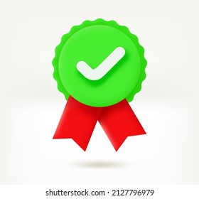 Green insignia with checkmark concept. 3d vector icon