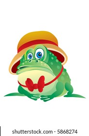 green intelligent frog in a hat and tie, interest, character, vector illustration