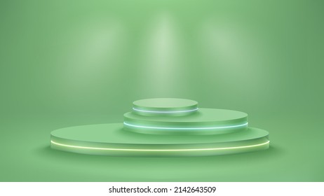 Interior verde con plataformas de círculo y focos. Mostración del producto. Ilustración del vector 3d