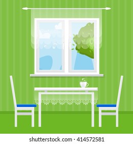 Green Interior Dining Room. Dining table with cup and chairs. Furniture. Kitchen. Home Interior Objects. Style vector illustration
