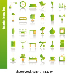 Iconos interiores verdes. Vector de ilustración.