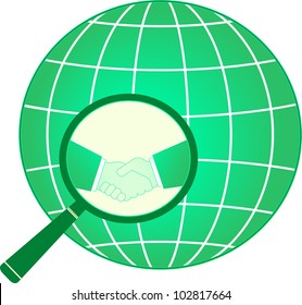 green international financial sign with business handshake and planet on magnifier