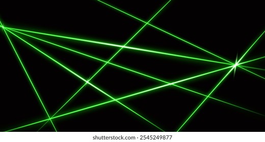 Feixes de laser de interseção verde, listras brilhantes. Ilustração vetorial abstrata isolada no fundo preto.