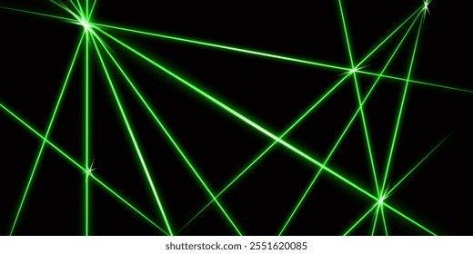 Feixes de laser de interseção verde, listras brilhantes. Ilustração vetorial abstrata isolada no fundo preto.