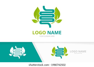 Green intestine logo combination. Natural colon and leaves logotype design template.