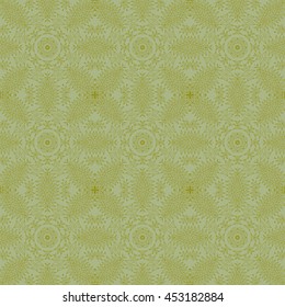 Green intricate lacy vector seamless pattern with stylized floral elements; folk, rustic or boho style
