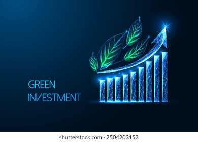 Green investment abstract concept with growth chart and green leaves on dark blue background. Eco-friendly finance and economic growth. Glowing low polygonal style. Modern design vector illustration.