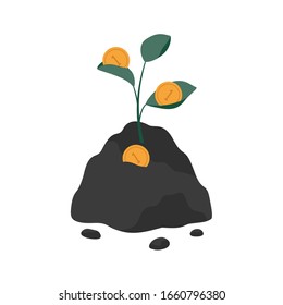 Green investment concept. A plant growing from the ground brings gold coins. Money tree generates cash. Vector flat illustration