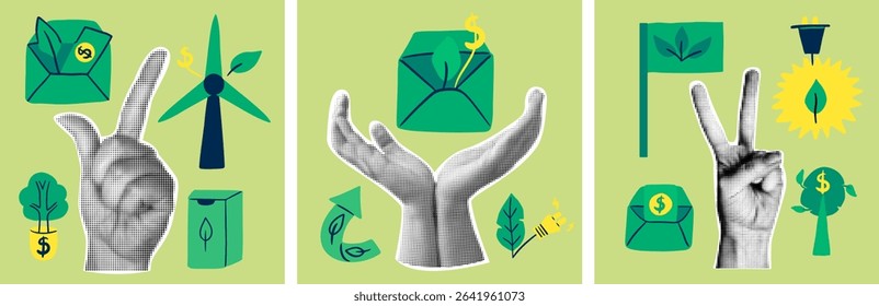 Green investment modern vintage collage set. Halftone hands, money, and environmental symbols. Renewable energy and eco-friendly business concept illustration. ESG set.
