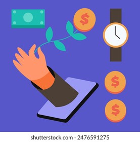 Green investments app. Business concept for investment and finance growth. Plant with coin and phone. Environmental social and corporate governance. Flat vector illustration.