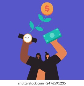 Green investments. Business concept for investment and finance growth. Plant with coin and people. Environmental social and corporate governance. Flat vector illustration.