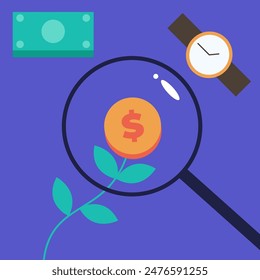 Green investments. Business concept for investment and finance growth. Plant with coin and watches. Environmental social and corporate governance. Flat vector illustration.