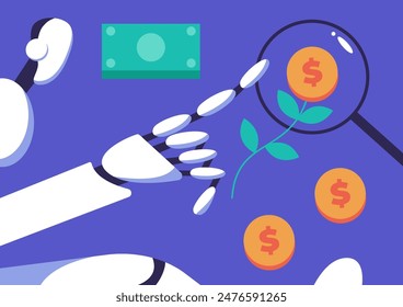 Green investments with robot. Business concept for investment and finance growth. Plant with coin. Environmental social and corporate governance. Flat vector illustration.