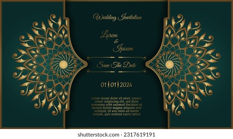 green invitation card, with golden ornament and mandala