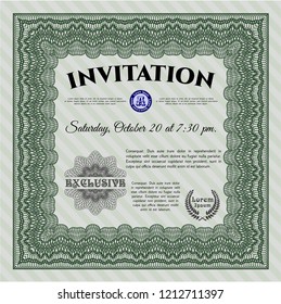 Green Invitation. Detailed. With complex linear background. Money Pattern. 