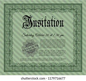 Green Invitation. Excellent design. Vector illustration. With guilloche pattern. 