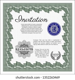 Green Invitation. With guilloche pattern and background. Vector illustration. Cordial design. 