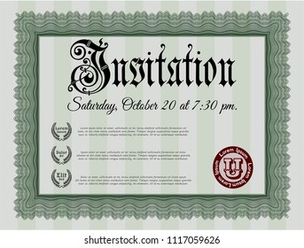 Green Invitation. With guilloche pattern. Vector illustration. Money design. 