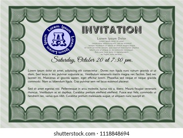 Green Invitation. Modern design. With great quality guilloche pattern. Customizable, Easy to edit and change colors. 