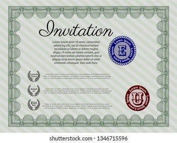 Green Invitation. Money design. Vector illustration. With linear background. 