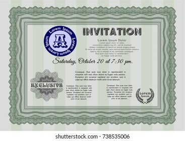 Green Invitation. Money design. Vector illustration. With great quality guilloche pattern. 