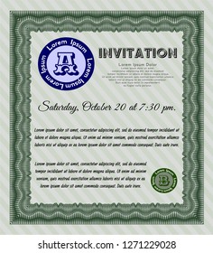 Green Invitation. Sophisticated design. Detailed. With guilloche pattern and background. 