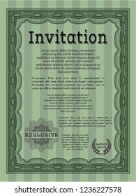 Green Invitation template. Cordial design. Detailed. With guilloche pattern and background. 