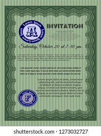 Green Invitation template. Cordial design. Detailed. With complex linear background. 
