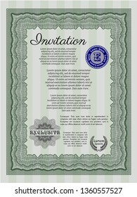 Green Invitation template. Cordial design. With guilloche pattern and background. Vector illustration. 