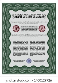 Green Invitation template. Cordial design. Customizable, Easy to edit and change colors. With great quality guilloche pattern. 