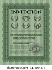 Green Invitation template. Detailed. With linear background. Artistry design. 