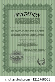 Green Invitation template. Detailed. Printer friendly. Artistry design. 