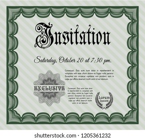 Green Invitation template. Good design. With guilloche pattern and background. Detailed. 