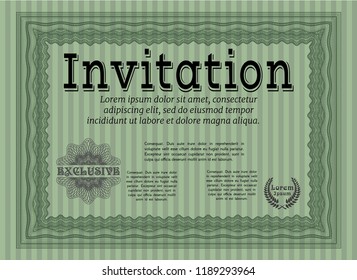 Green Invitation template. With great quality guilloche pattern. Vector illustration. Money design. 